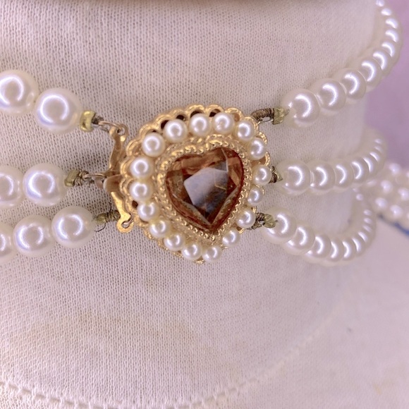 🌹 Bergere 🌹 Vintage 50s 60s Pearl & Amber Heart Gold Toned Choker & Bracelet - Picture 6 of 16